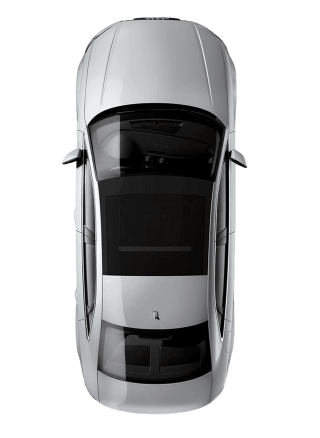 Top-down view of a white car with a transparent background.